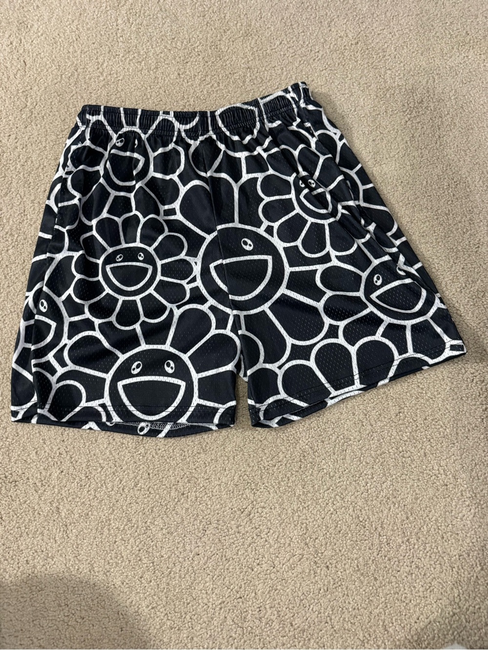 Black and White Smiley Flower Mesh Shorts